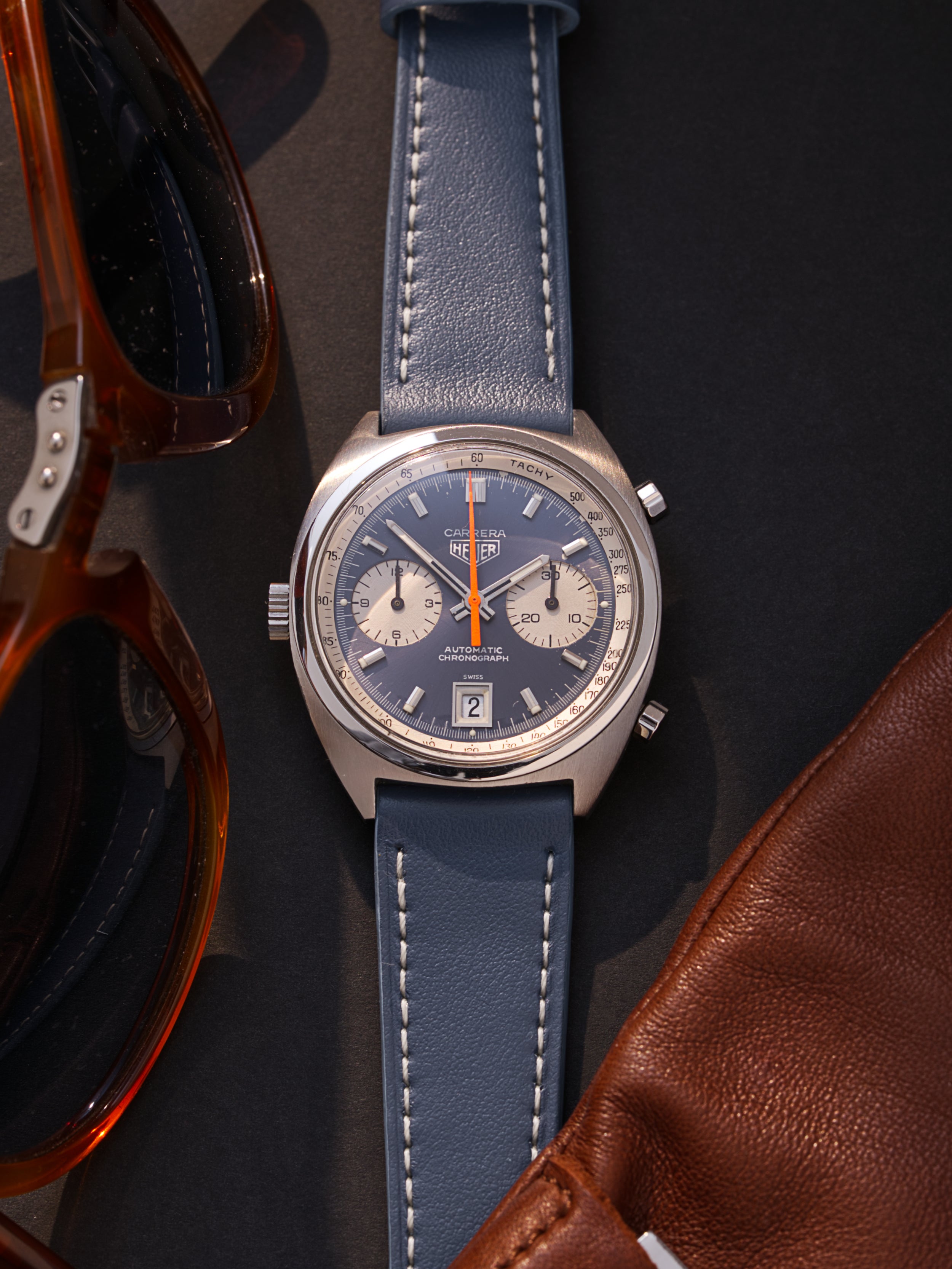Steel Blue Smooth Calf Leather Strap Heuer Carrera