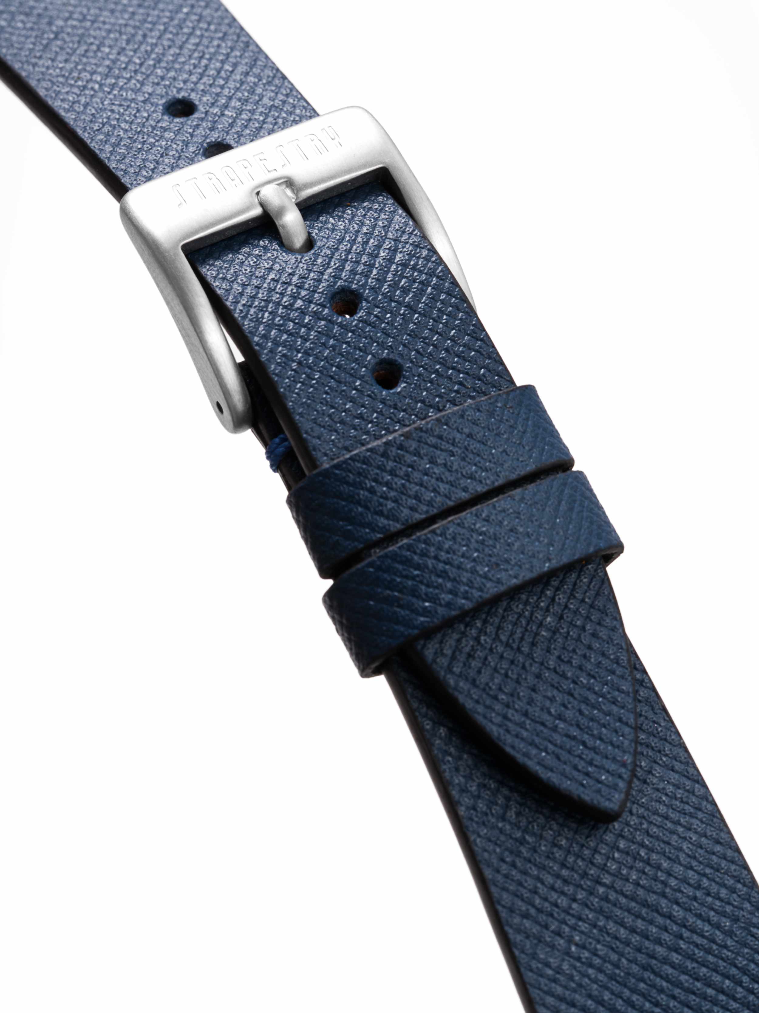 Blue Saffiano Leather Strap Buckle Detail